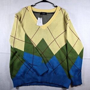 New Cider‎ Colorful Argyle Sweater Womens XL Long Sleeve Yellow Green Blue 80s